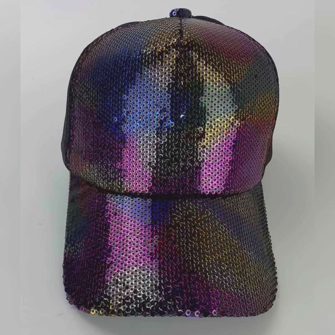 Disco Fever Black Rainbow Sequin Cap