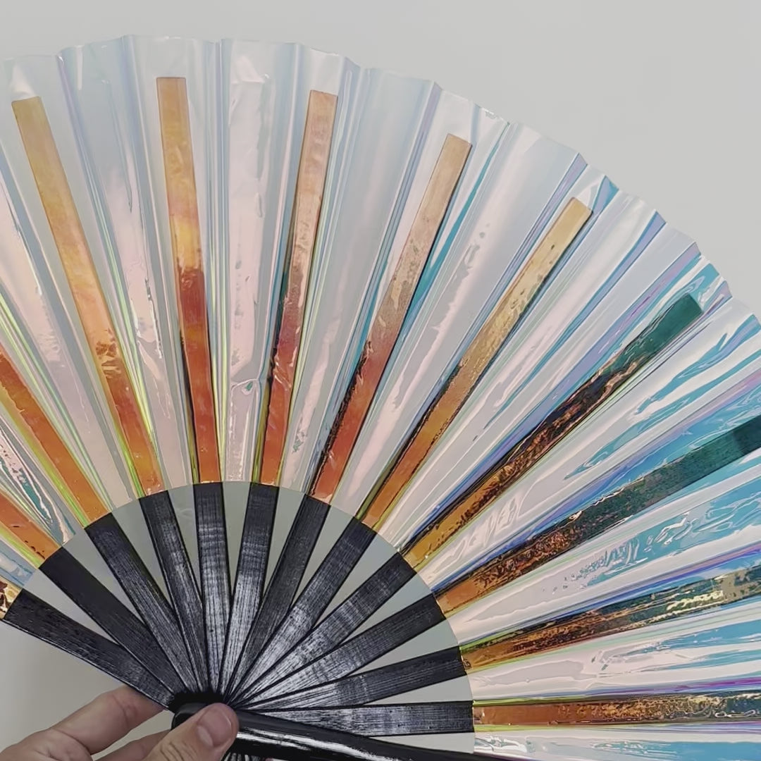 Iridescent PVC Party Fan - Gold/Pink (Black)