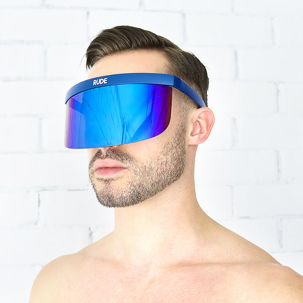 Blue Mirror Visor with Navy Blue Frames - Rude Rainbow Gay Party Summer