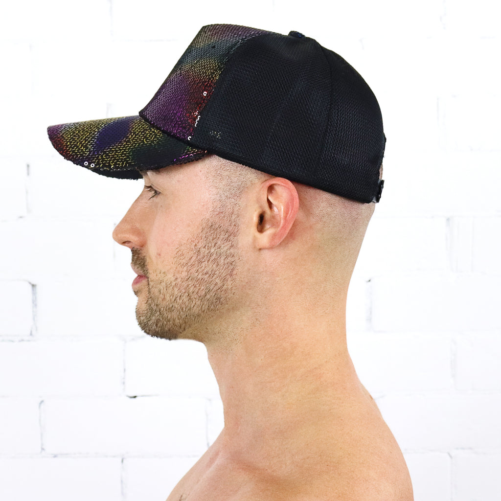 Disco Fever Black Rainbow Sequin Cap