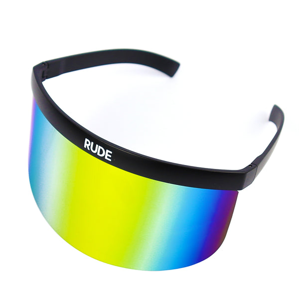 Gold Rainbow Mirror Visor with Black Frames - Rude Rainbow Gay Party Summer