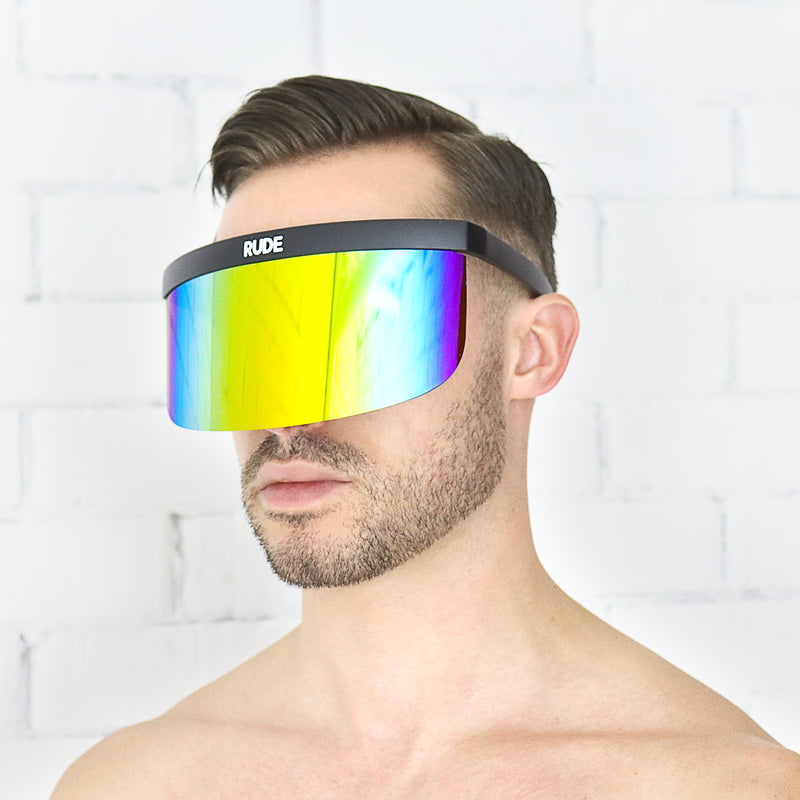 Gold Rainbow Mirror Visor with Black Frames - Rude Rainbow Gay Party Summer