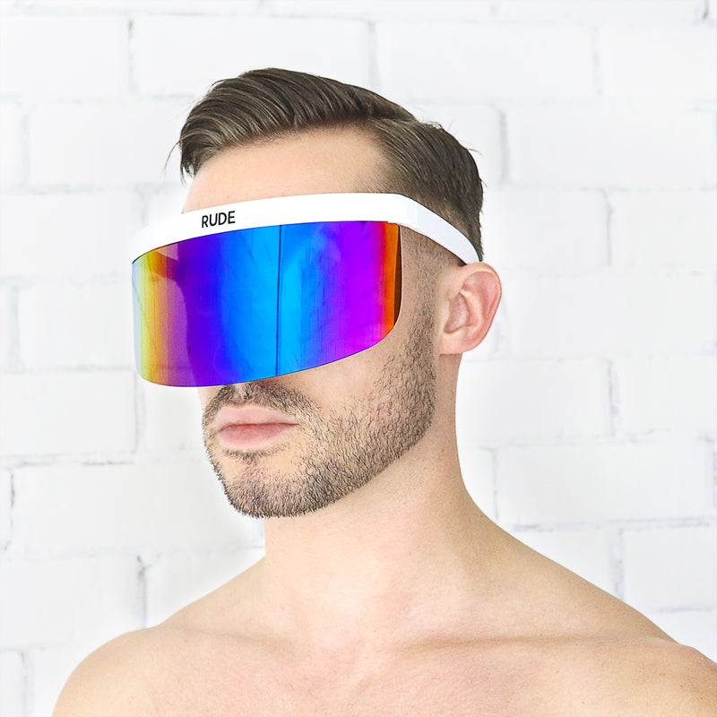 Rainbow Mirror Visor with White Frames - Rude Rainbow Gay Party Summer