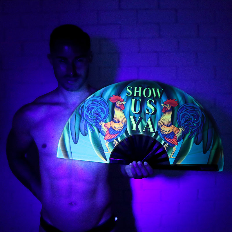 Show Us Ya Rooster UV Party Fan - Rude Rainbow Gay Party Summer