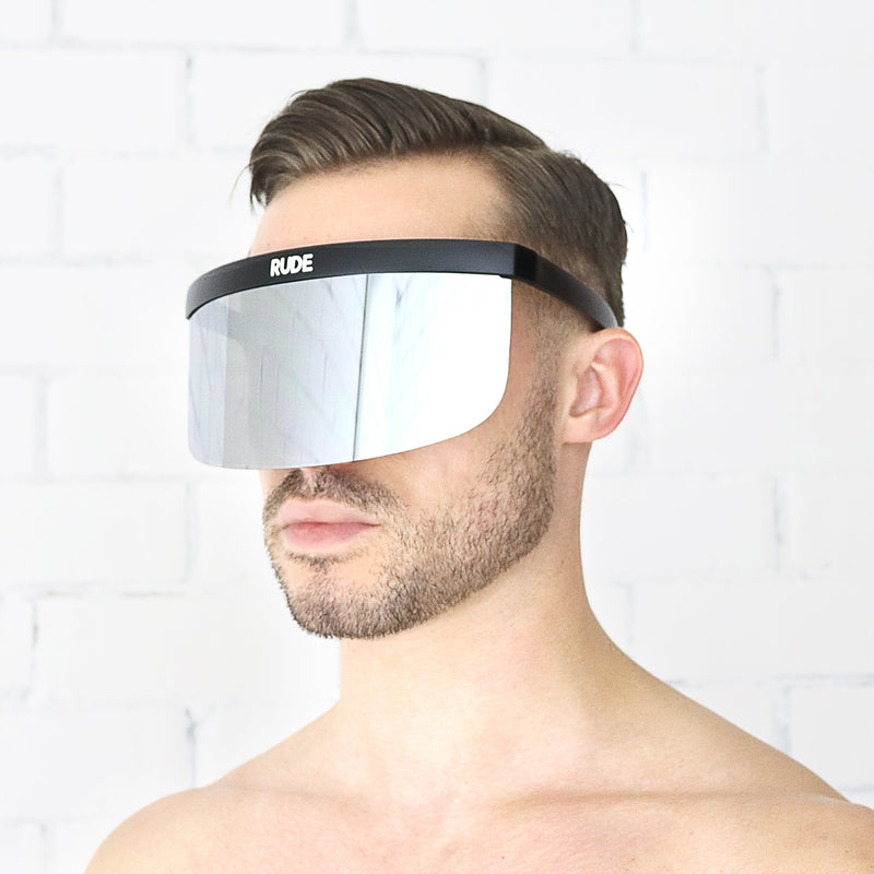 Silver Mirror Visor with Black Frames - Rude Rainbow Gay Party Summer